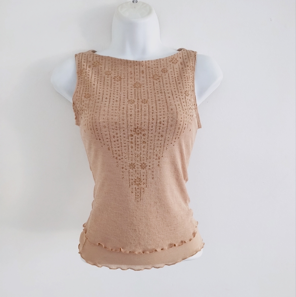 Tiffany USA Vintage Y2K Tan Sleeveless Sparkles Lettuce Trim Top